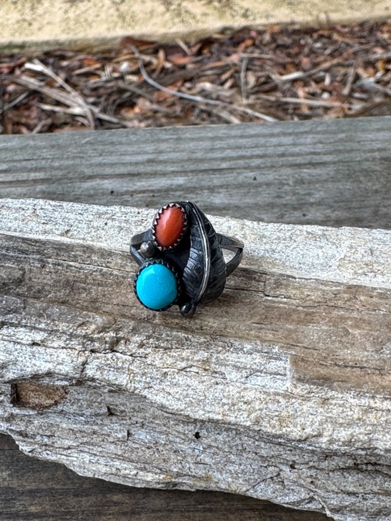 Native American Jewelry - Native American Sterling Silver Ring with Turquoise and Coral